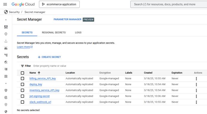 GCP Secret Manager UI showing list of stored secrets.
